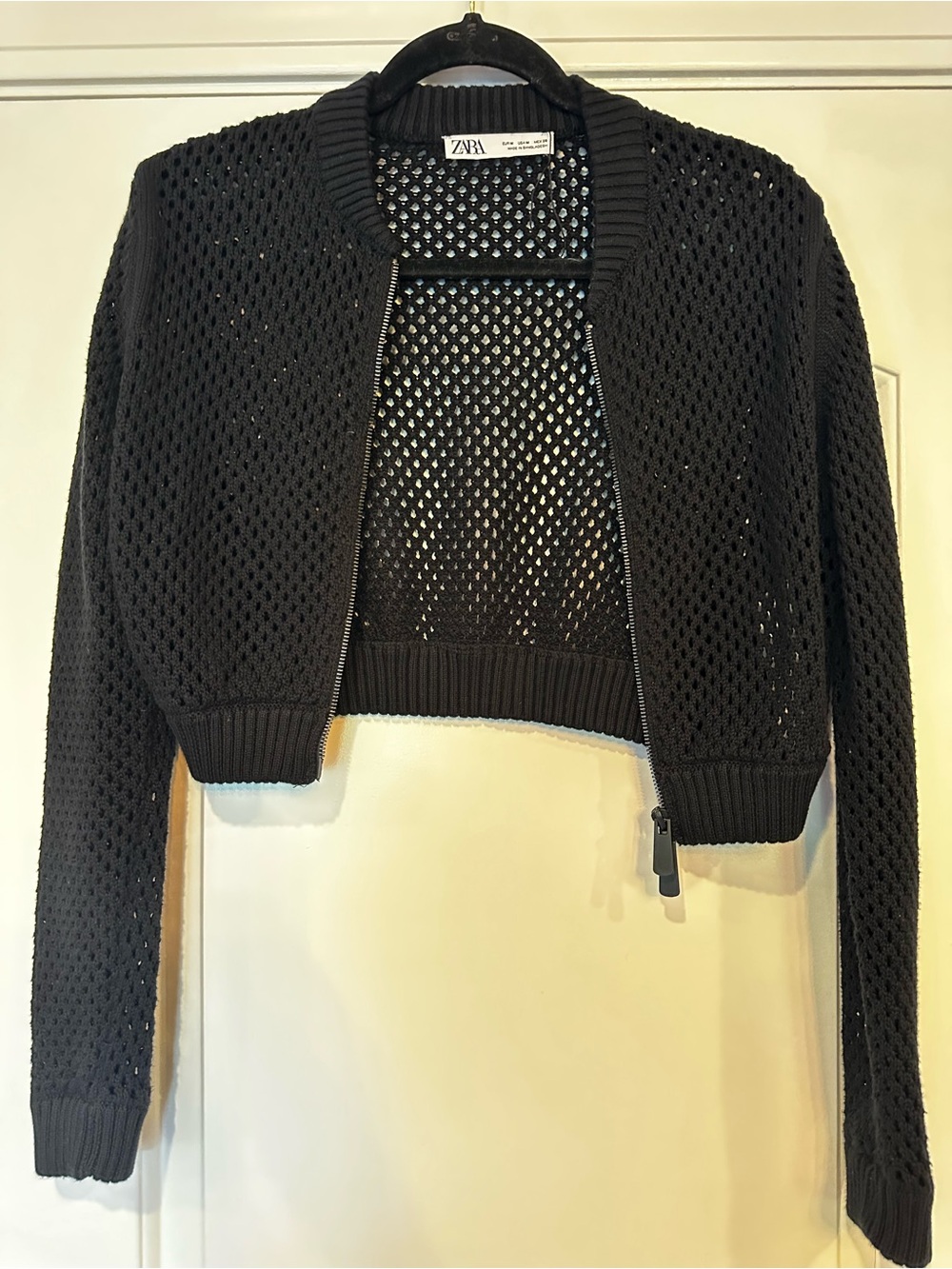 ZARA Black Open-Knit Cropped Zip Sweater